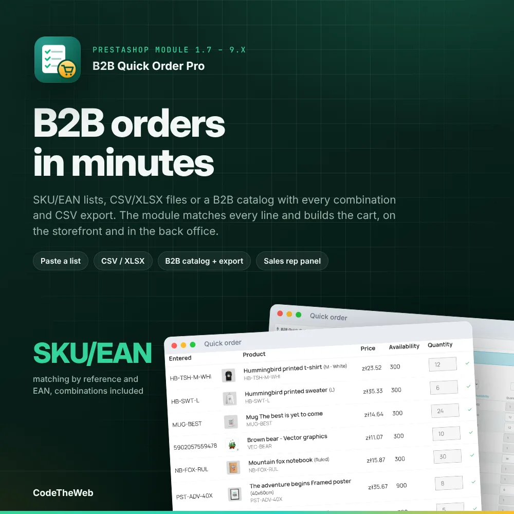 B2B Quick Order Pro – wholesale ordering from SKU lists, CSV/XLSX files and a B2B catalog