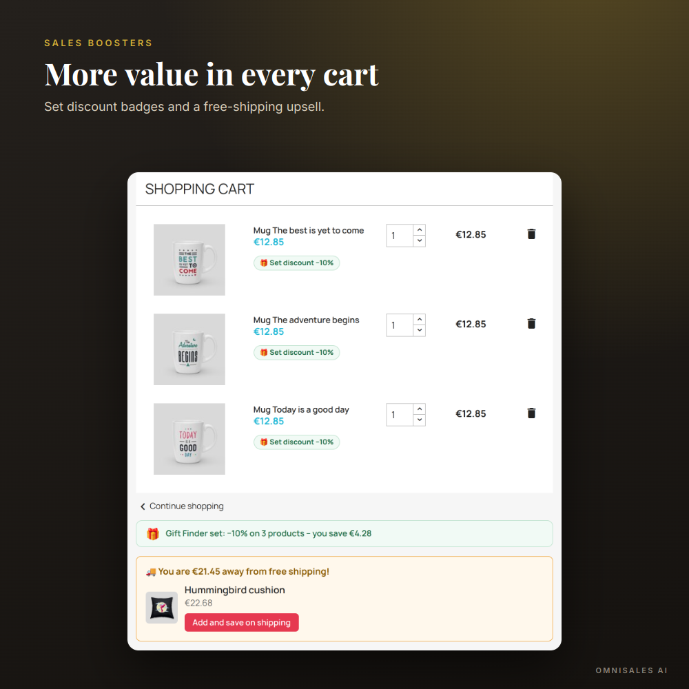 Cart with a discounted quiz bundle and a free-shipping suggestion