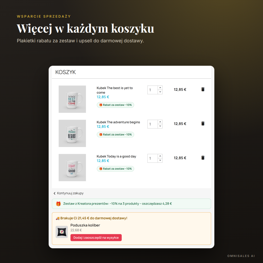 Koszyk z zestawem z rabatem i podpowiedzią produktu do darmowej dostawy